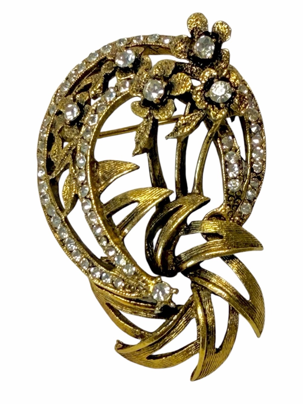 Vintage Hollywood Regency Gold Textured Flower Brooch Rhinestone Pin 50s